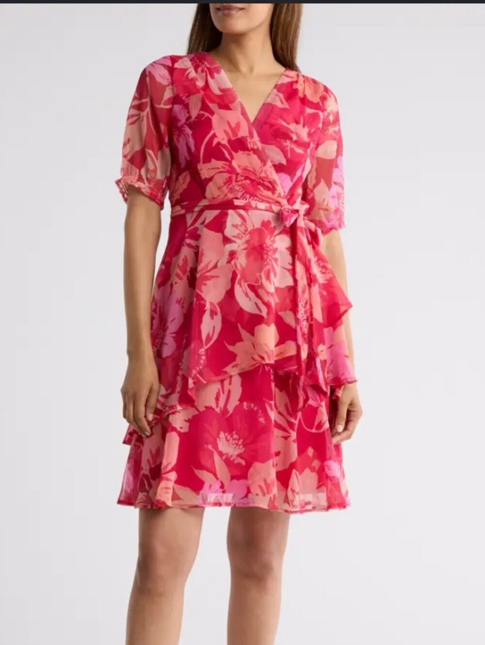 Tahari ASL Size 12 Pink Floral Chiffon Wrap Dress Ruffle Belted Cocktail